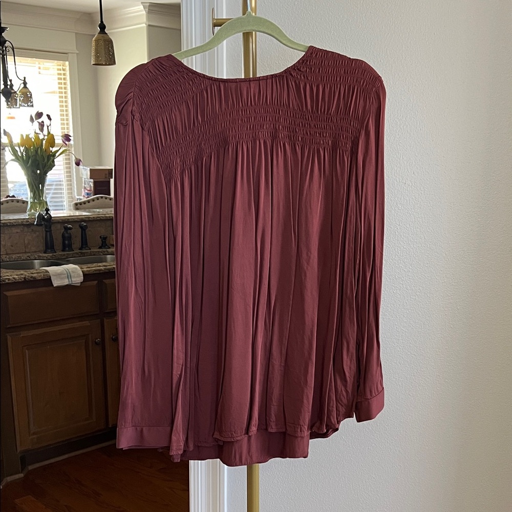 J. Jill Burgundy Smocked Yoke Long Sleeve Blouse